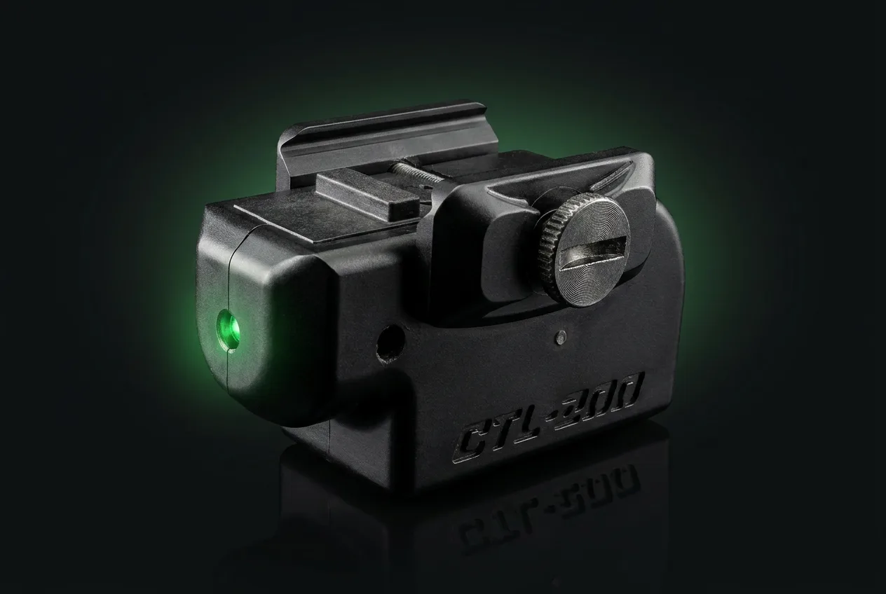 Hand holding a pistol fitted with a CTL-200, no button pressed and the laser already on